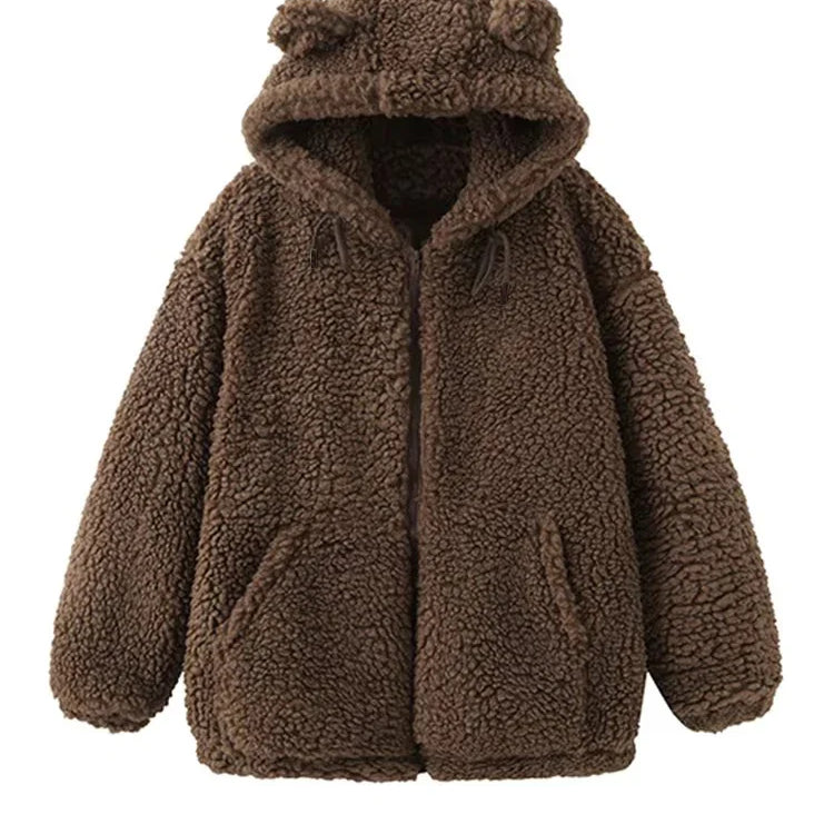 Lautaro-Kawaii Faux Fur Hoodie with Bear Ears for Women, Fluffy Sherpa Jacket, Oversized, Brown, Warm, Fuzzy, Sweet, Cute, Winte