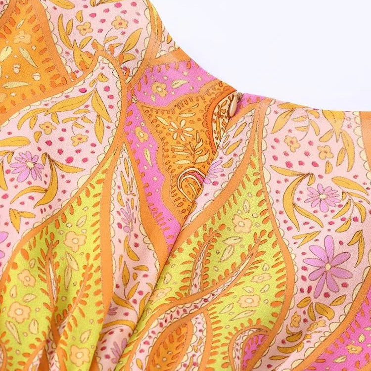 Willshela Women Fashion Printed Hollow Out Back Zipper Mini Dress Vintage V-Neck Long Sleeves Female Chic Lady Dresses