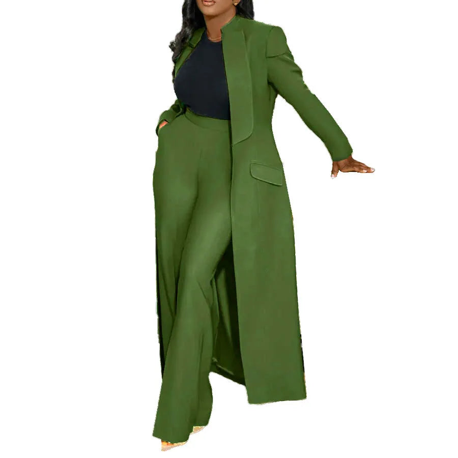 CM.YAYA Women's Set Full Sleeve X-Long Blazer Coat+ Long Pant Suit 2025 Spring Streetwear Two 2 Piece Set Africa OL Work Outfits dark green