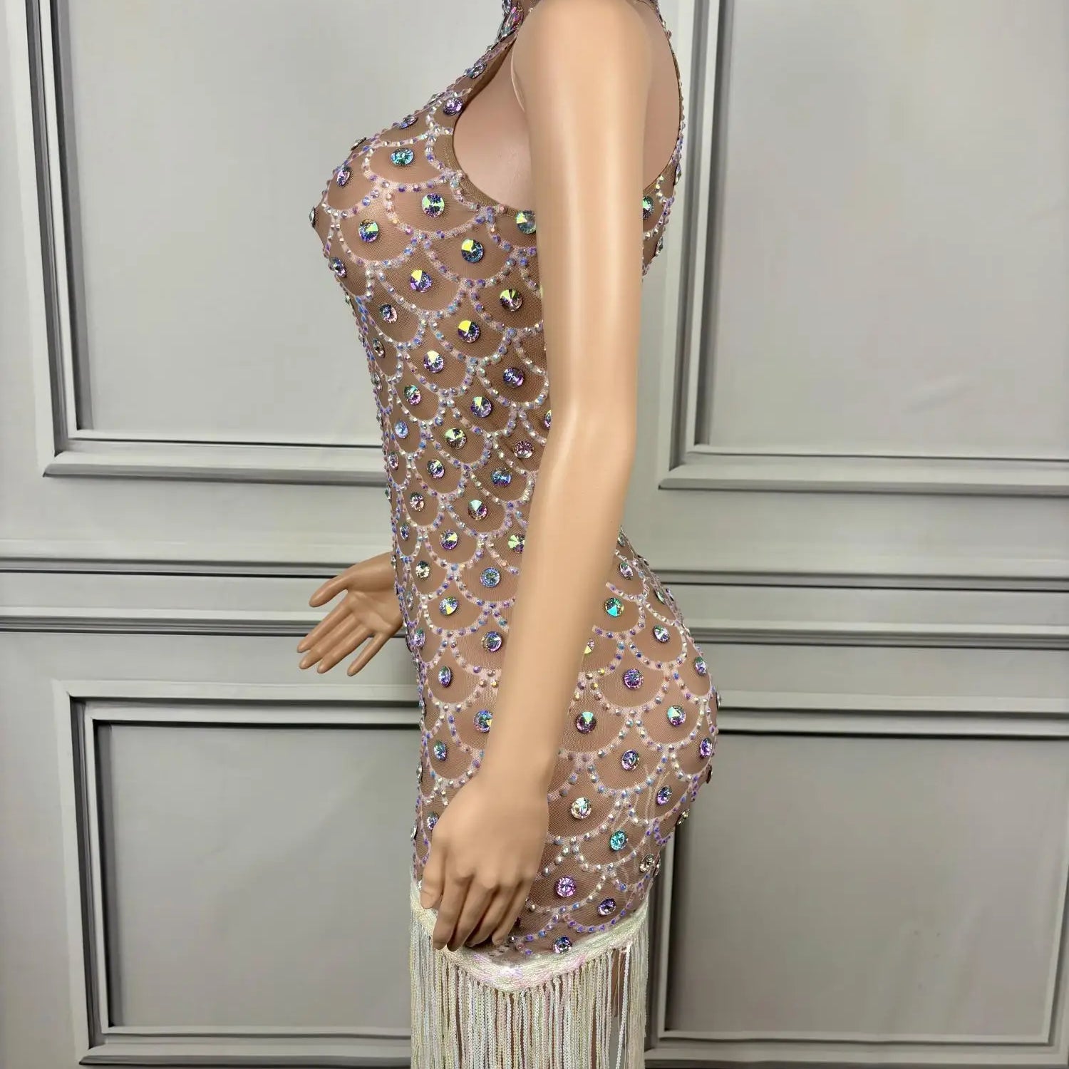 Elegant Women Luxury Sparkly Evening Dress Birthday Celebrate Party Dinners Outfit Tassel Crystals Sheer Mesh Prom Dress Langhua