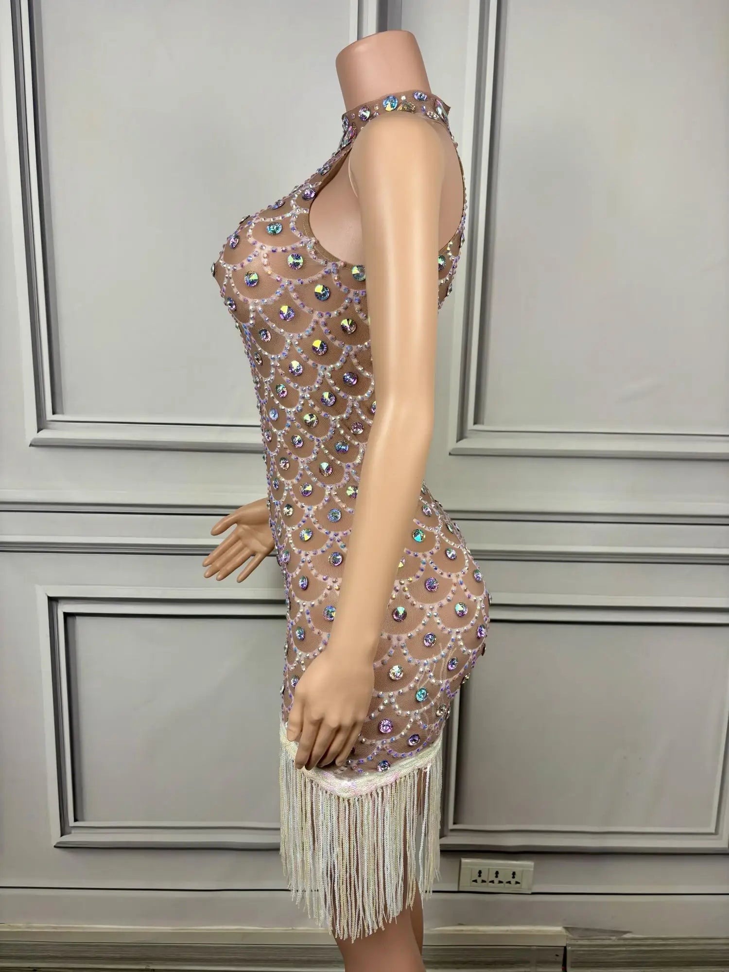 Elegant Women Luxury Sparkly Evening Dress Birthday Celebrate Party Dinners Outfit Tassel Crystals Sheer Mesh Prom Dress Langhua