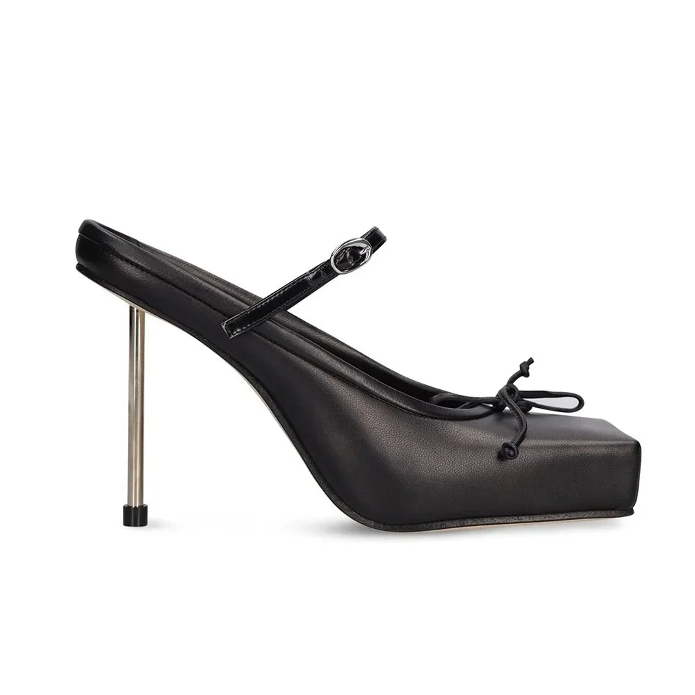 Butterfly-Knot Metal Heeled Sandals Red Square Toe Solid Color Mules Summer Pull On Slip On Slides Black Luxury Ladies Shoes black