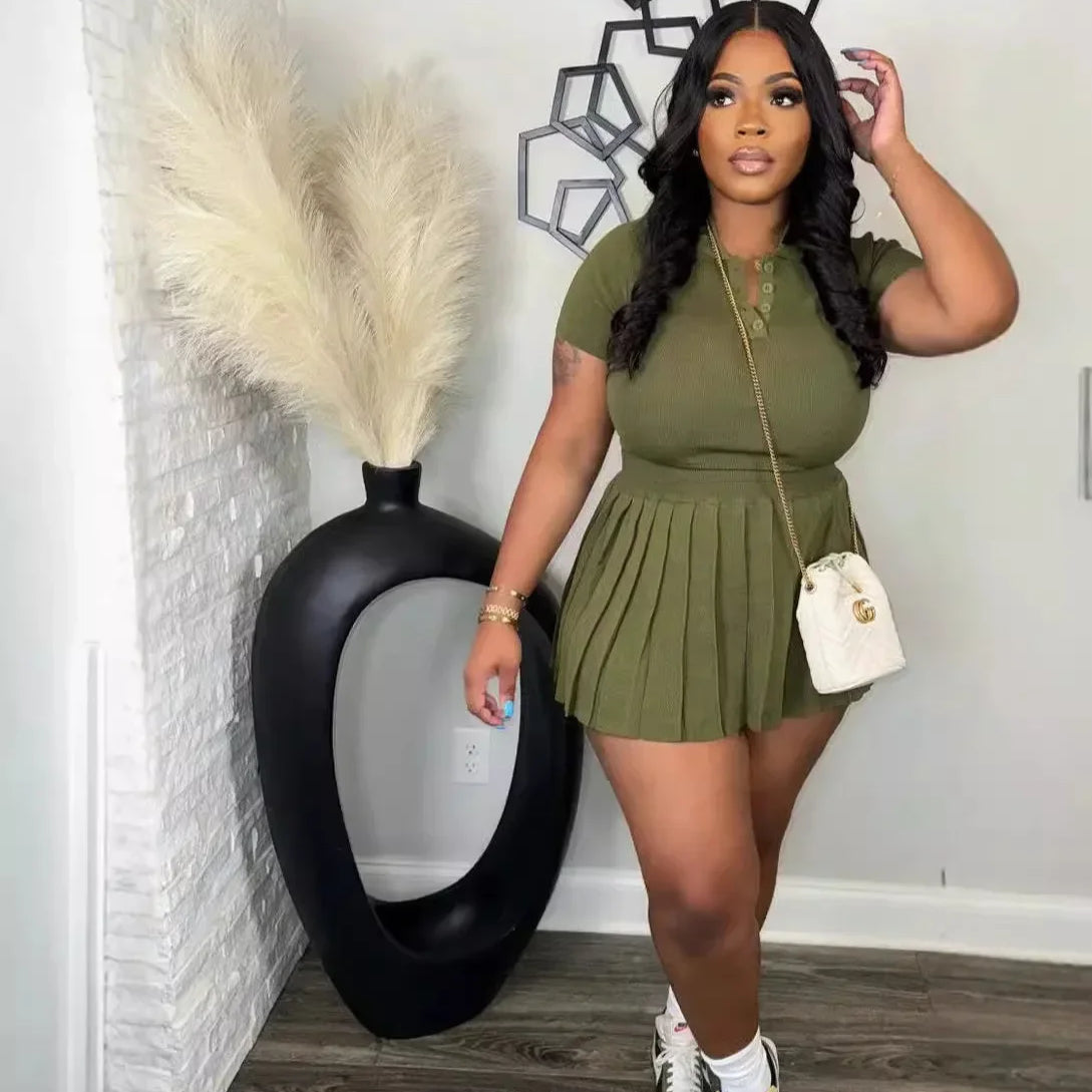 Fashion Sport Women's Set Pleated Mini Skirt and Short Sleeve T-shirt Top 2024 Street Two 2 Piece Dress Sets Outfits Dark Green