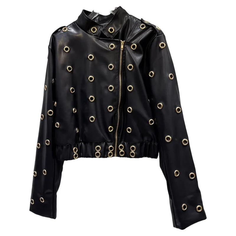 Winter New Fashion Style Metal Ring Rivet Design Heavy Leather Jacket For Women High Street Short Coat Female 11A07836