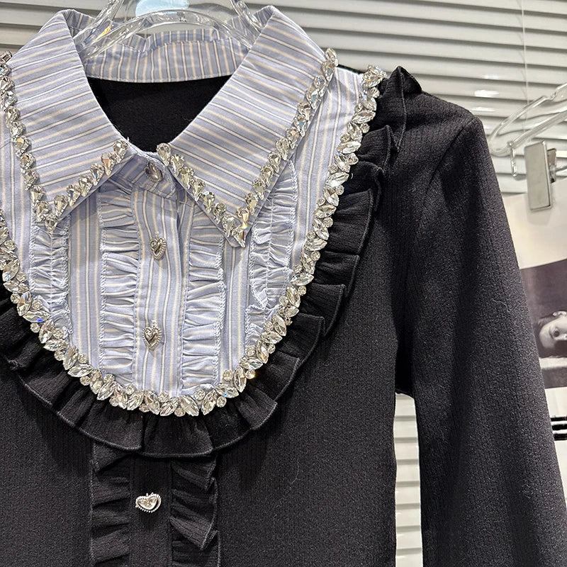 Winter New Style Rhinestone Ruffled Edge Patchwork Fake Two-Piece Shirt For Women Contrast Color Tops Female 11A07757