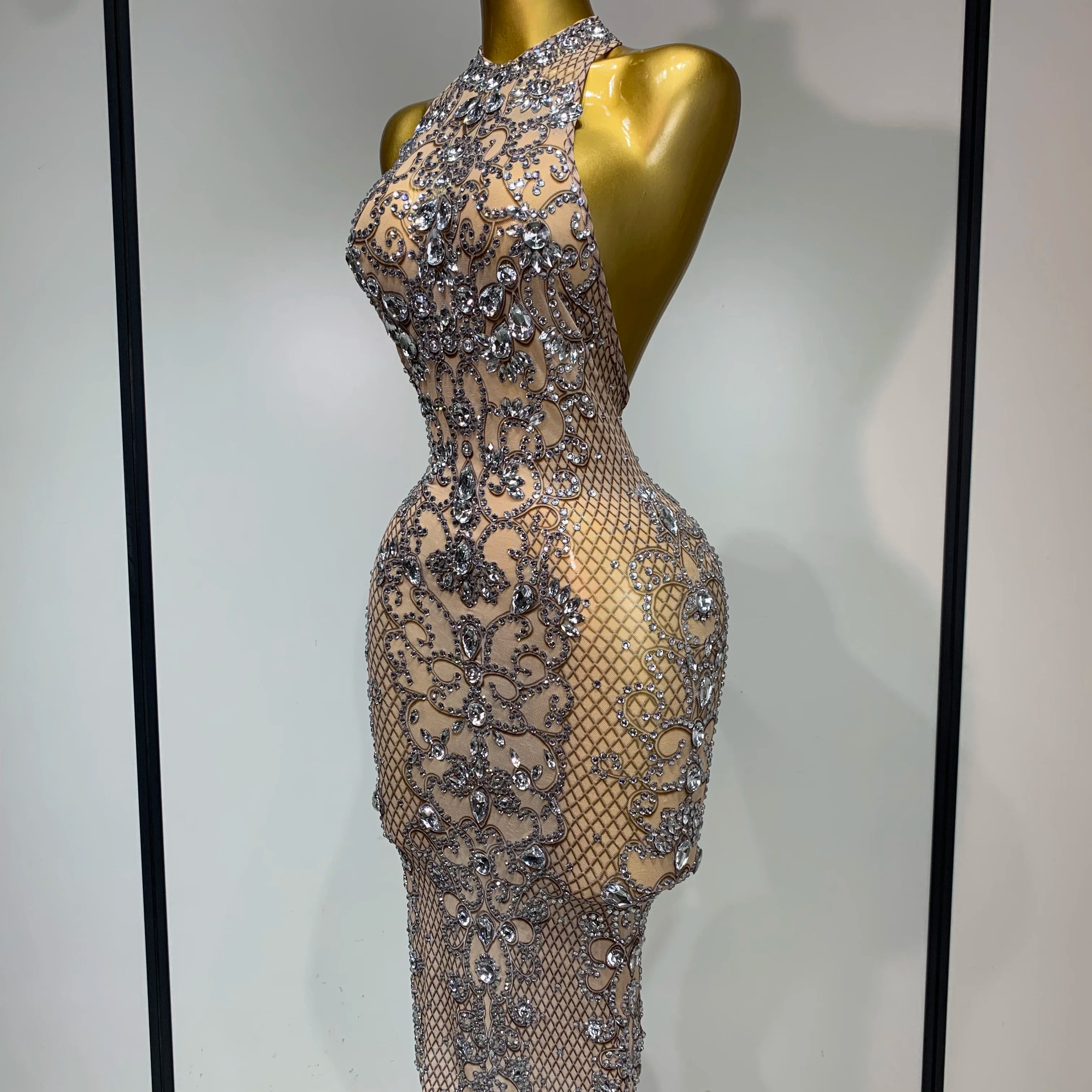 Women Sexy Backless Mesh Crystal Diamonds Performance Costume Stage Dancer See Through Stretchy Nightclub Evenig Party Dresses