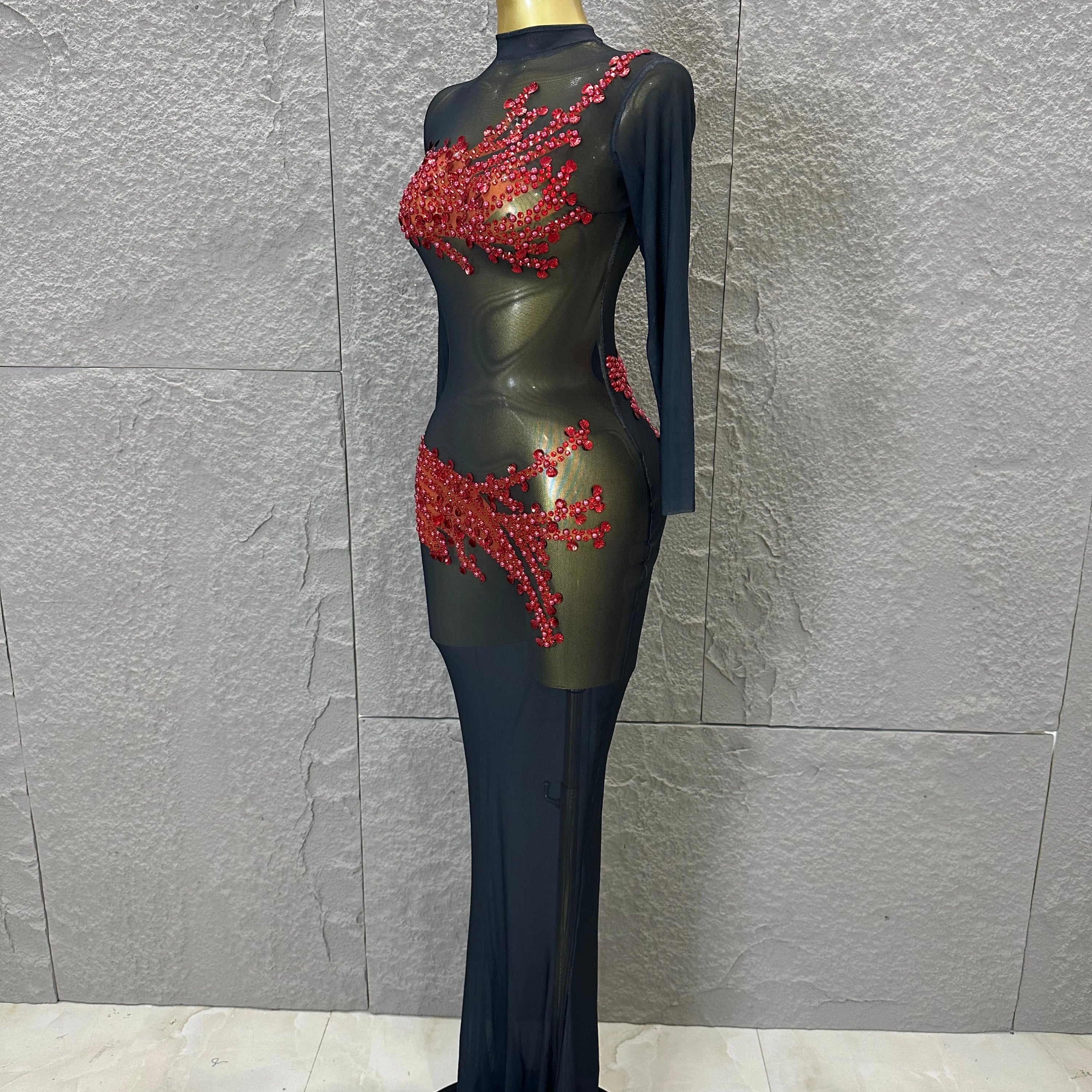 Sexy 2026 Black Sheer Mesh Maxi Dress Women Long Sleeve High Neck Red Rhinestone Embellished Bodycon Stage Costume