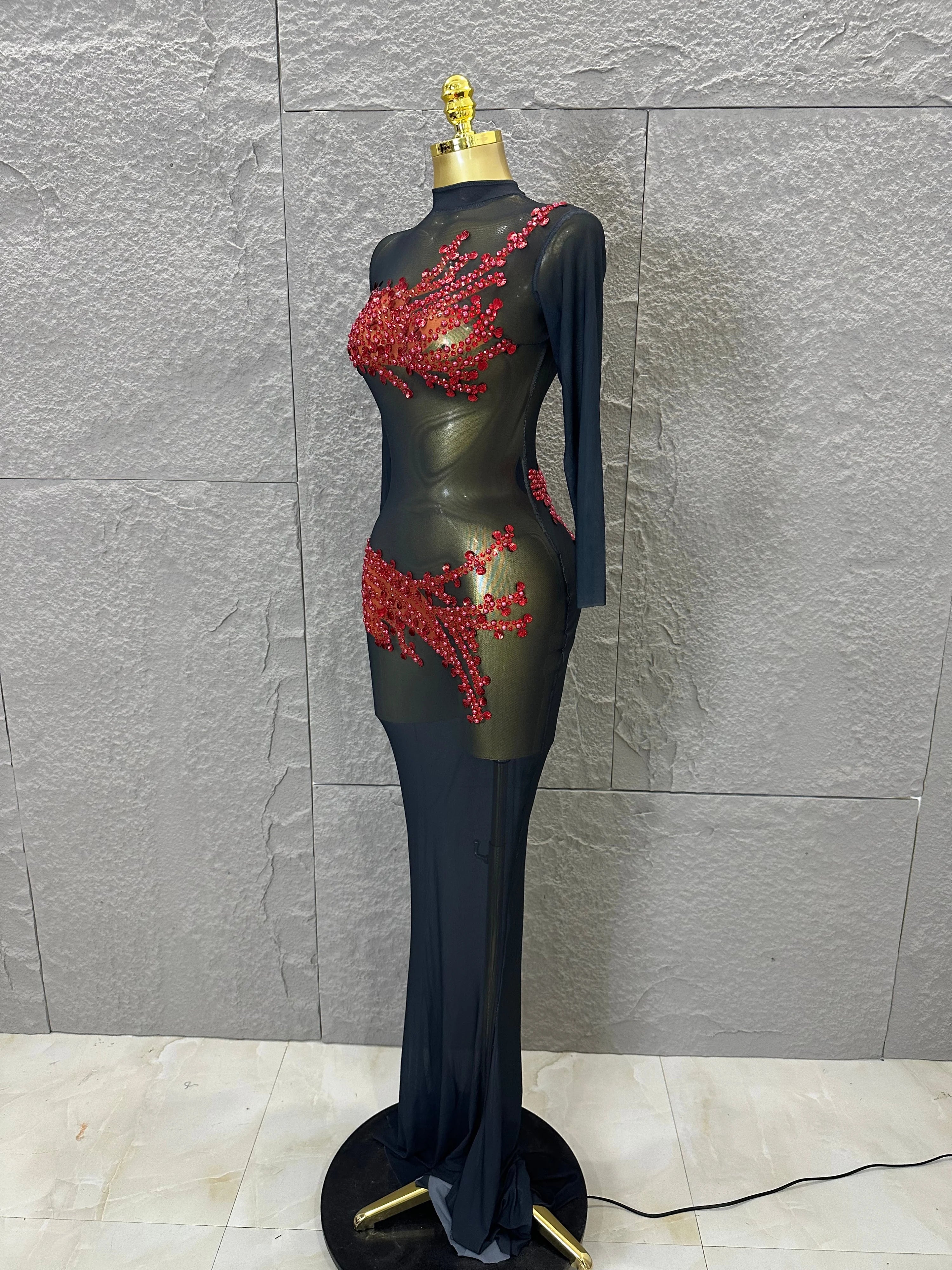 Sexy 2026 Black Sheer Mesh Maxi Dress Women Long Sleeve High Neck Red Rhinestone Embellished Bodycon Stage Costume