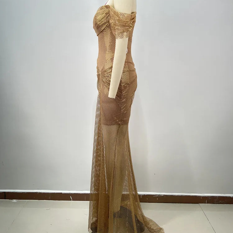 Women Celebrity Sexy Off Shoulder Diamonds Net Sparkly Gold Maxi Long Gowns Dress Elegant Evening Party Club Vestido