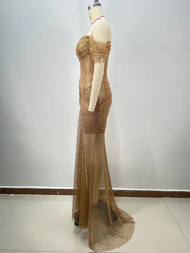 Women Celebrity Sexy Off Shoulder Diamonds Net Sparkly Gold Maxi Long Gowns Dress Elegant Evening Party Club Vestido