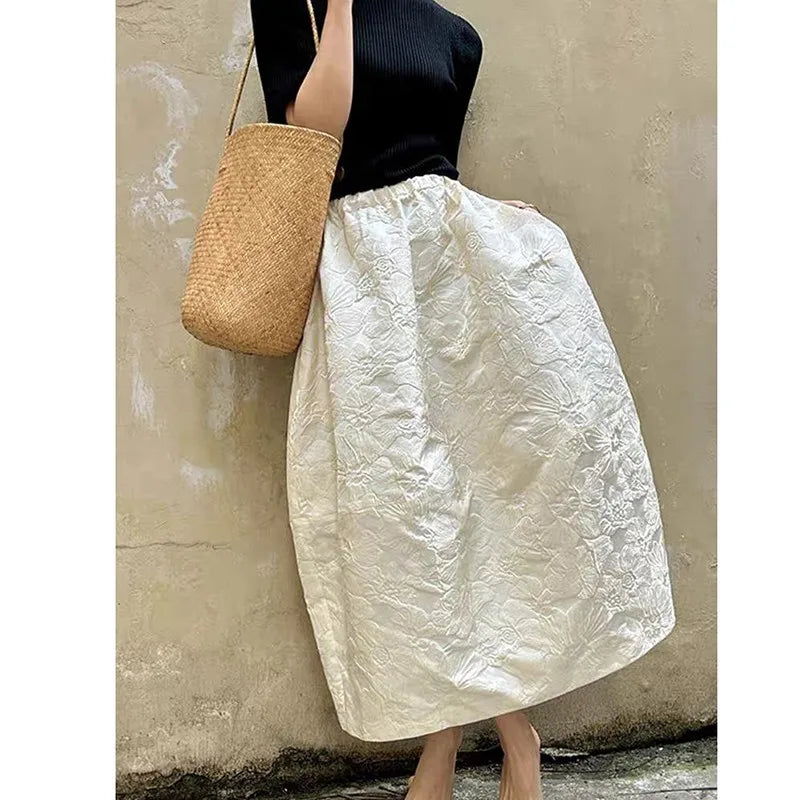 Spring/summer Arts Style Women Casual Loose Fit Elastic Waist A-line Jacquard Design Ankle-length Skirt P02