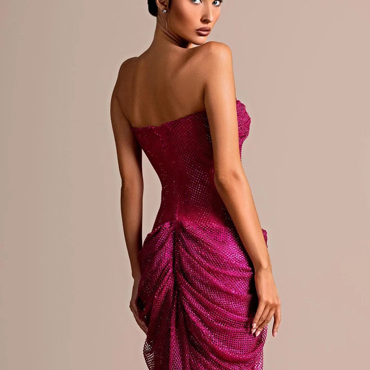 Hot Pink Strapless Sleeveless V-Neck Dress with Slit for Parties Evening Gown
