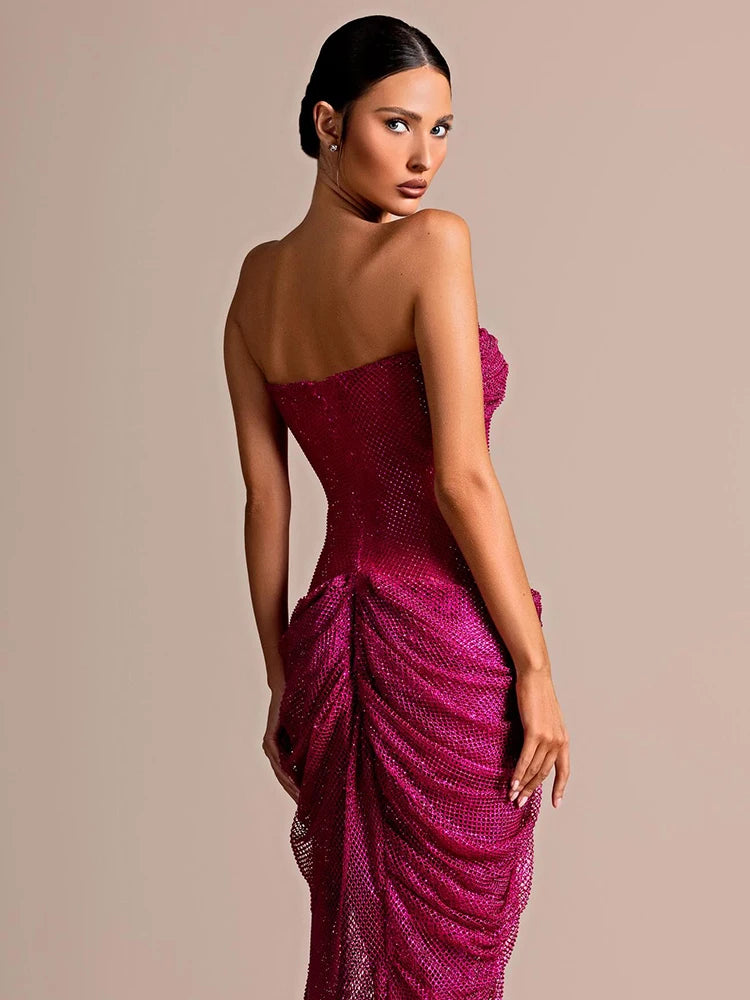 Hot Pink Strapless Sleeveless V-Neck Dress with Slit for Parties Evening Gown