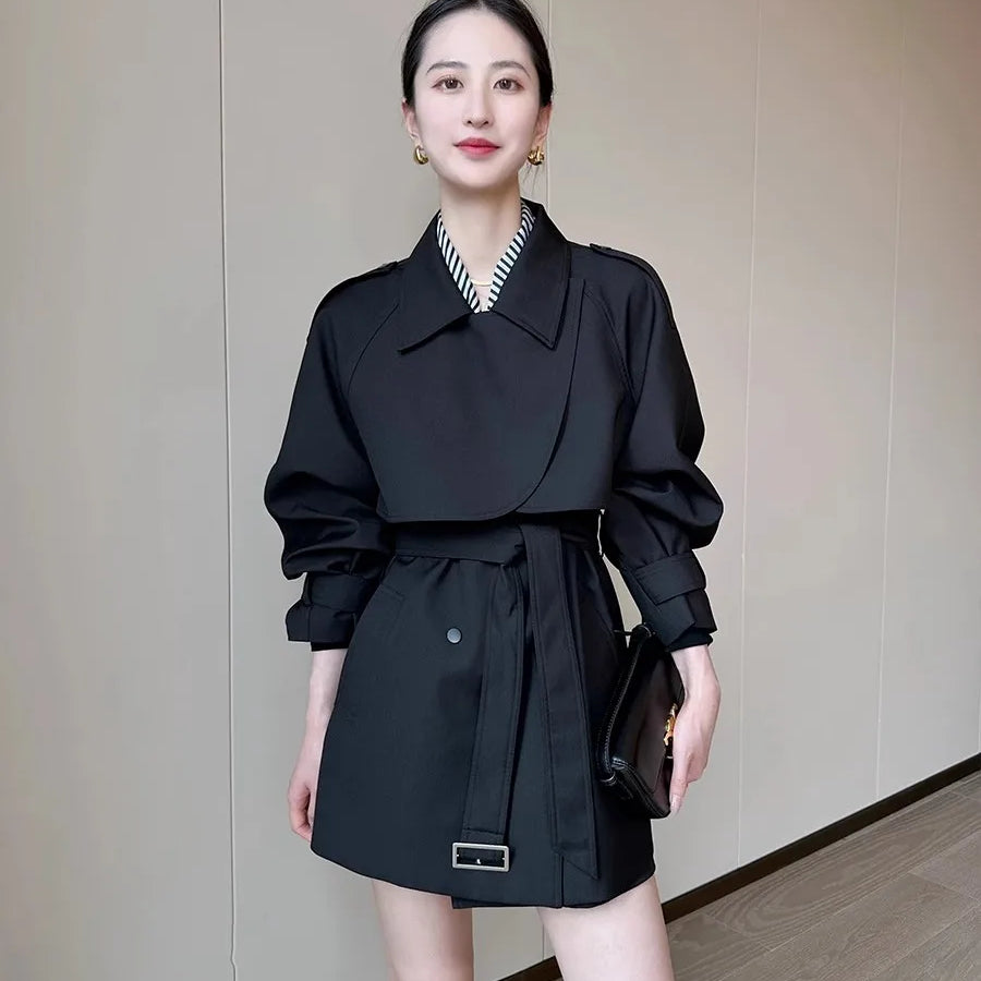 Lautaro Spring Autumn Black Trench Coat for Women Belt Double Breasted Elegant Stylish Chic Luxury Designer Clothes Fashion 2025 Black