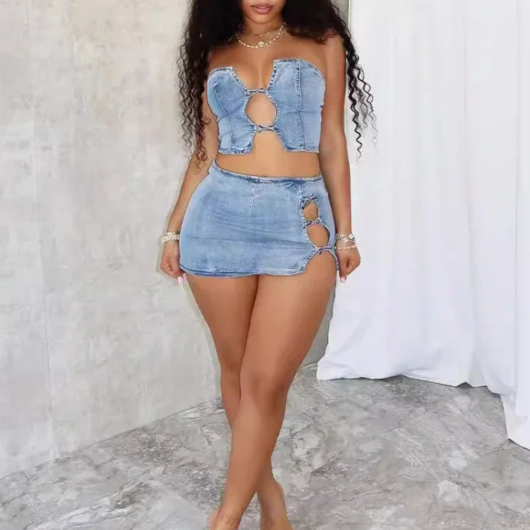 Women Set Sleeveless Denim Strapless Tops and Mini Skirt Suits 2024 Sexy Hollow Out Beach Street Two 2 Piece Set Outfits