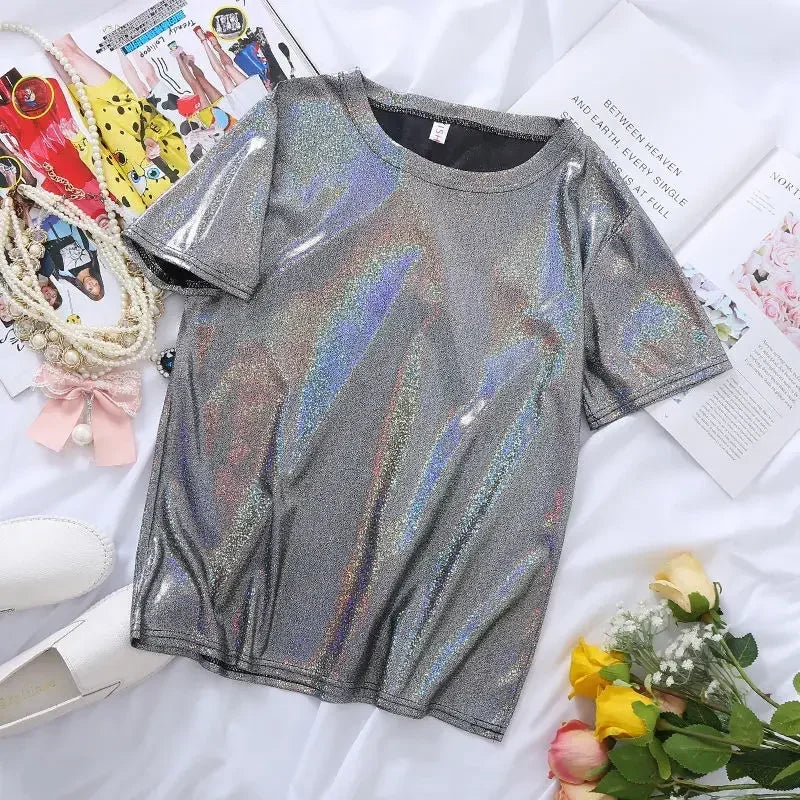 S-5XL Womens Sparkly Shiny Metallic Holographic Round Neck Short Sleeve Casual Loose Top Festival Party Tee Shirt Female Clothes black