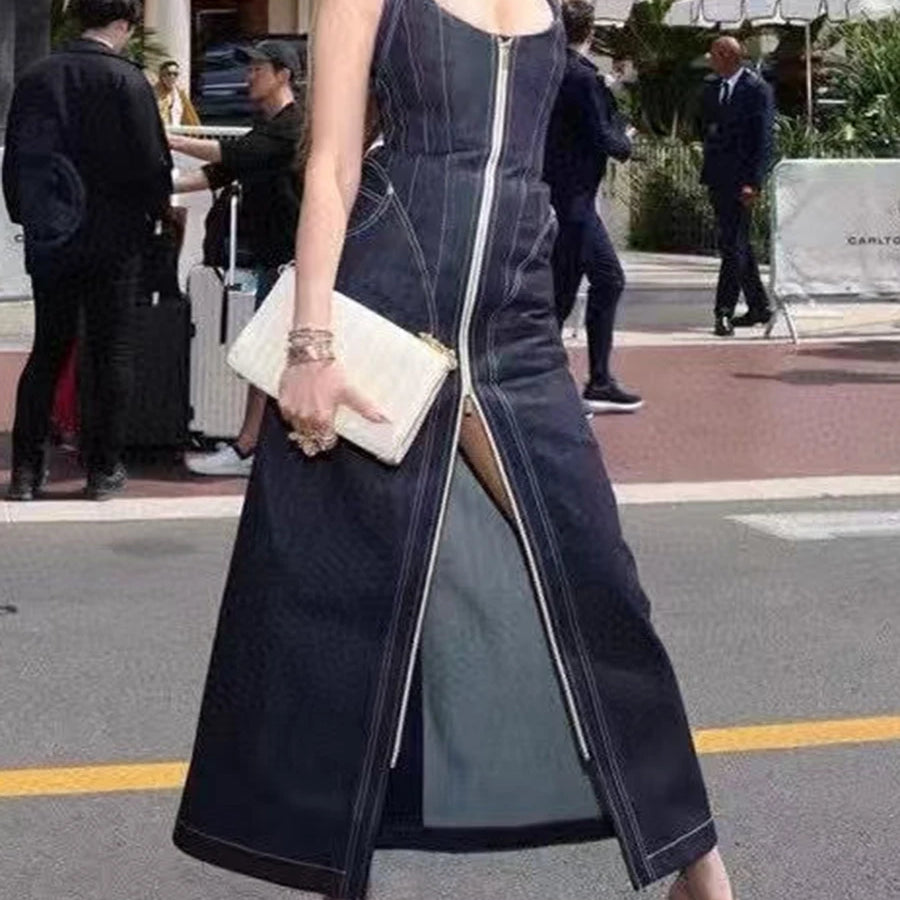 Solid Slimming Spliced Zipper Cowboy Dresses for Women Halter Neck Sleeveless Temperament Dress Femlae Fashion New