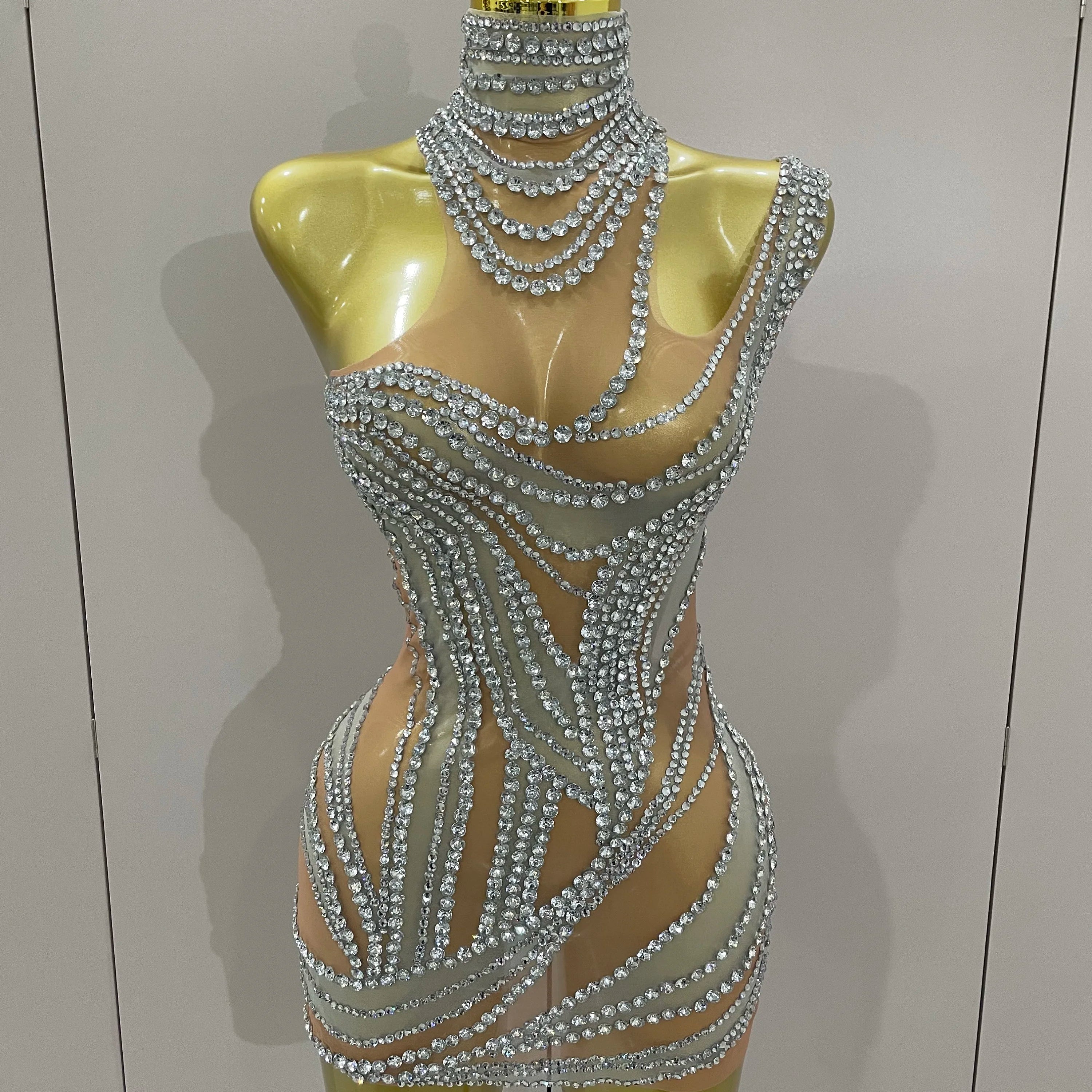 Luxury Sparkly Crystals See Through Mini Dress 2025Women Celebrate Birthday Party Gowns Singer Performance Stretch Stage Costume Silver