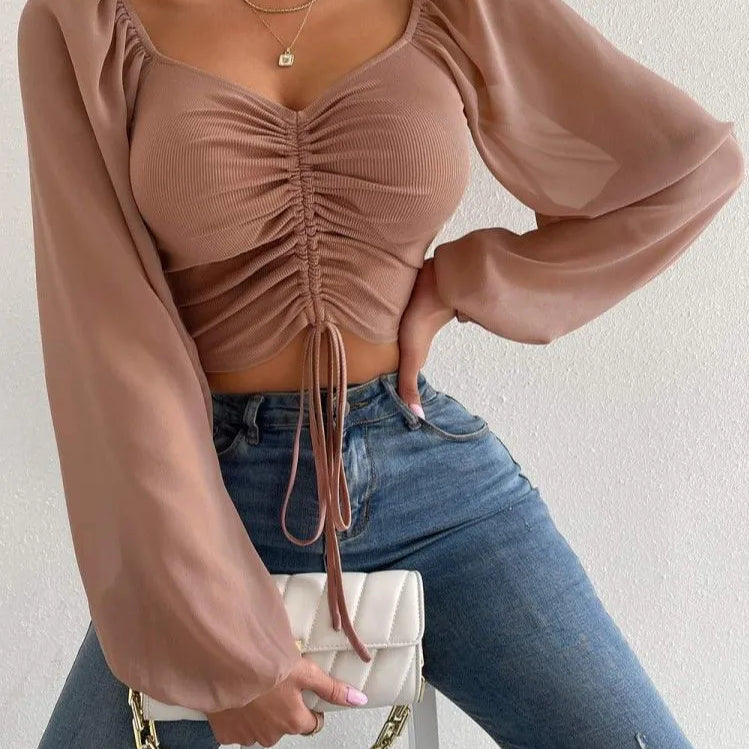 Woman’s Tops Puff Sleeve Sexy Close-Fitting Summer and Spring Lace up V-neck Fashion Solid Color Simple Long Sleeve Hot Coffee