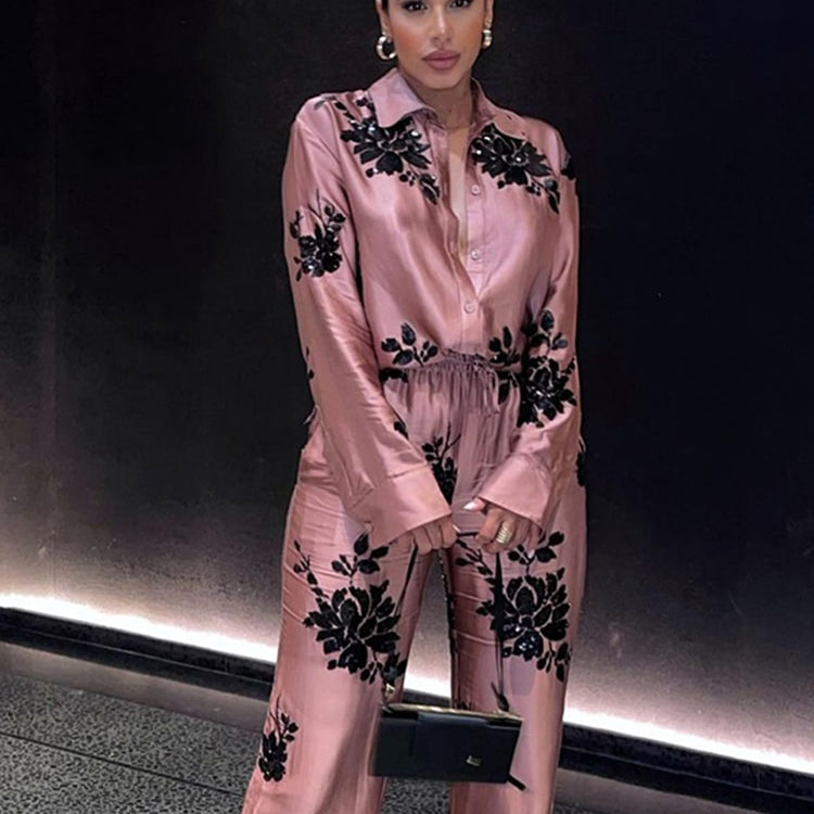 Woman 2 Pieces Shirts Pants Suit 2024 New Fashion Printed Blouses Tops Straight Trousers Set Female Casual Single Breasted Shirt