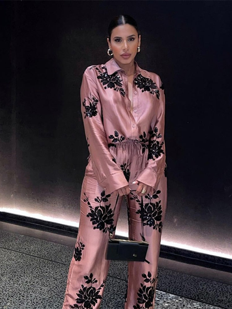 Woman 2 Pieces Shirts Pants Suit 2024 New Fashion Printed Blouses Tops Straight Trousers Set Female Casual Single Breasted Shirt