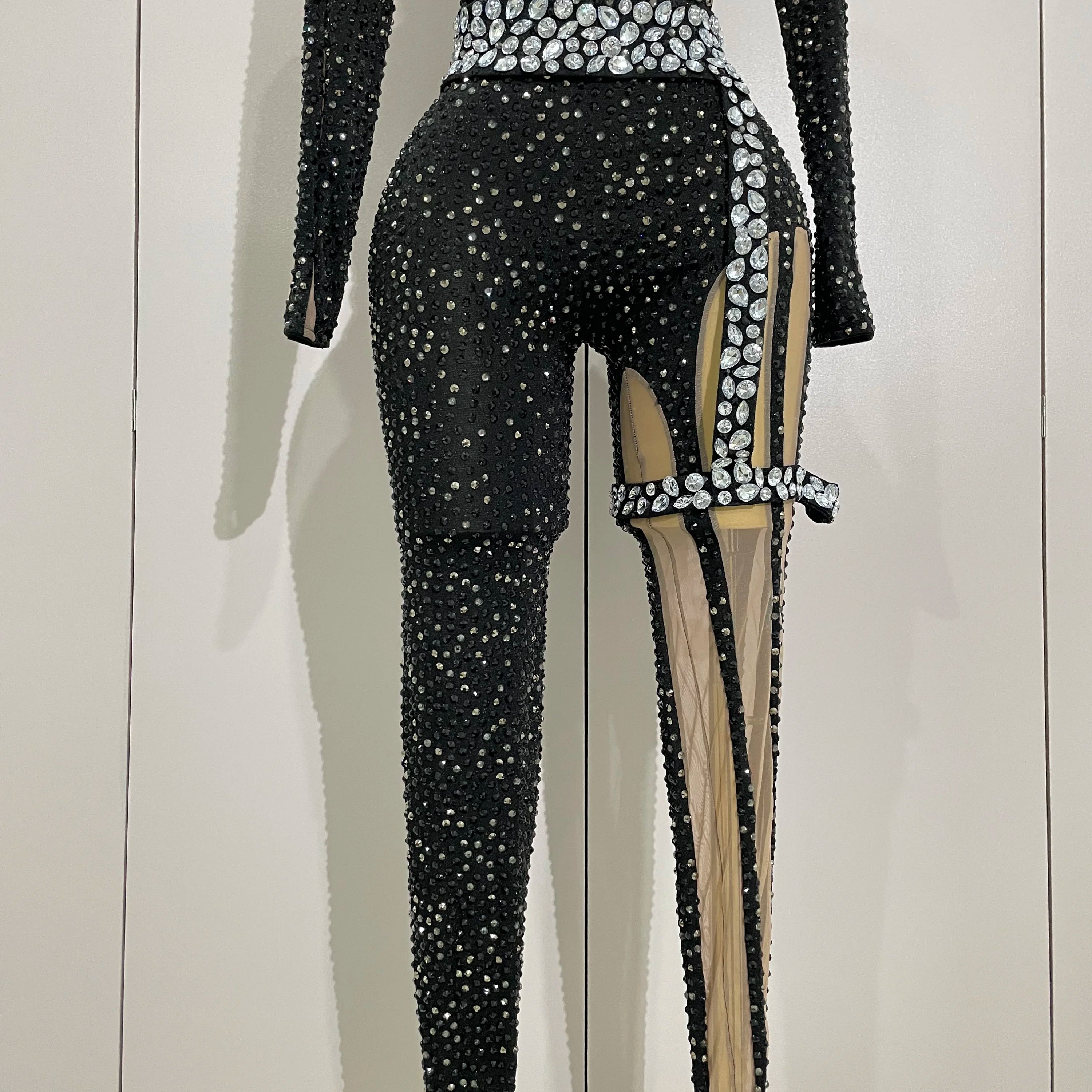2025Sexy Sparkly Full Diamond Black Perspective Waist Cinching Asymmetrical Mesh Jumpsuit Birthday Party Nightclub Stage Costume