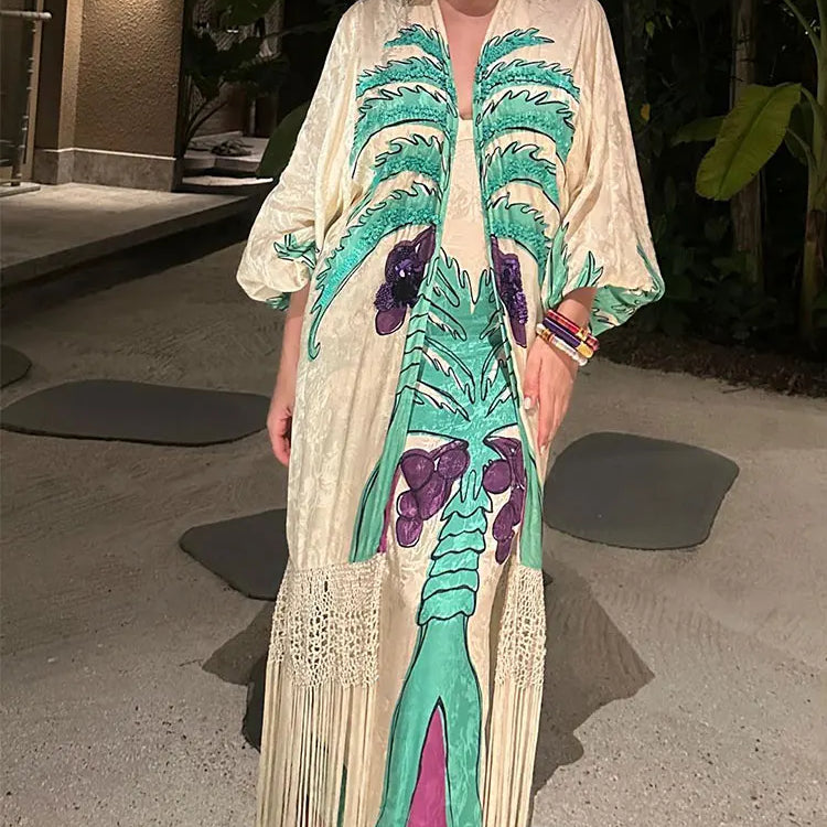 Fashion Spring Print V Neck Contrast Maxi Dress Women Chic Slim Fit Long Sleeve Vestidos Lady Elegant Vacation Streetwear