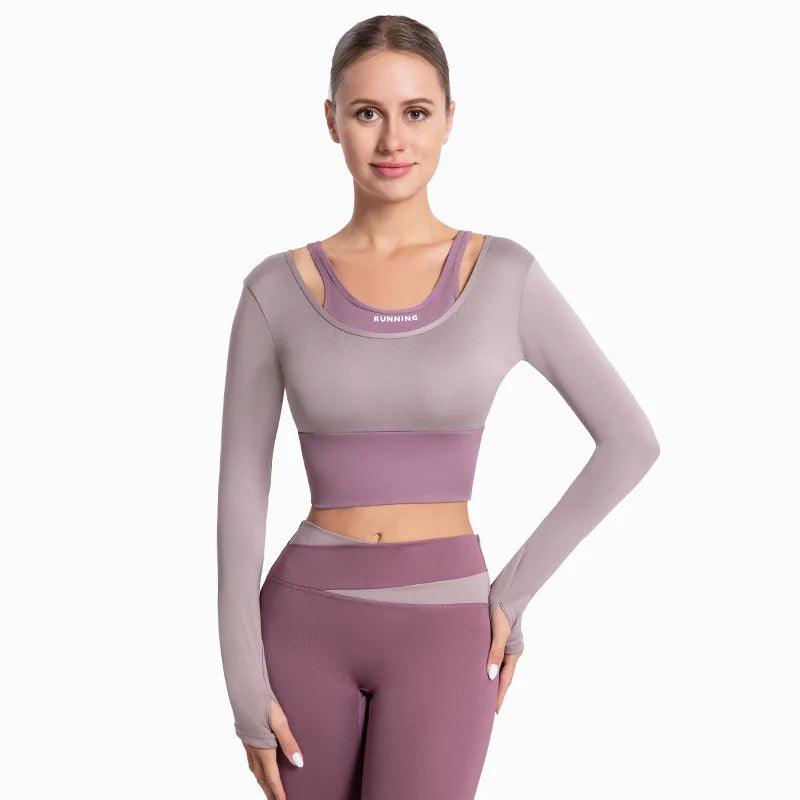 Autumn Winter High Waist Yoga Set Long Sleeve Fitness Vest with Pads Outfits Sportswear Women Sports Leggings Bra Gym Workout PURPLE