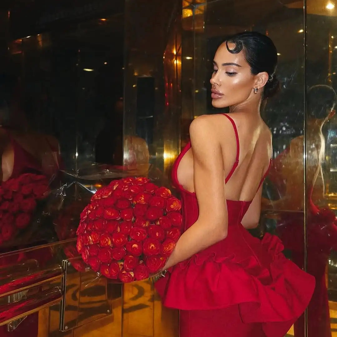 Valentine's Day Women Sleeveless V-Neck Ruffles Bodycon Long Bandage Dress Celebrate Evening Party Birthday Cocktail Dress Red