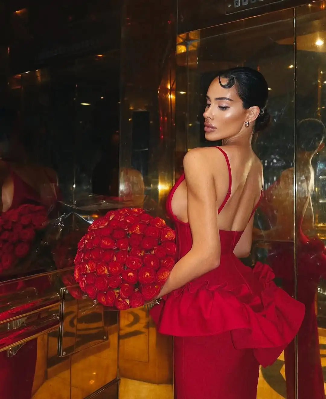 Valentine's Day Women Sleeveless V-Neck Ruffles Bodycon Long Bandage Dress Celebrate Evening Party Birthday Cocktail Dress Red