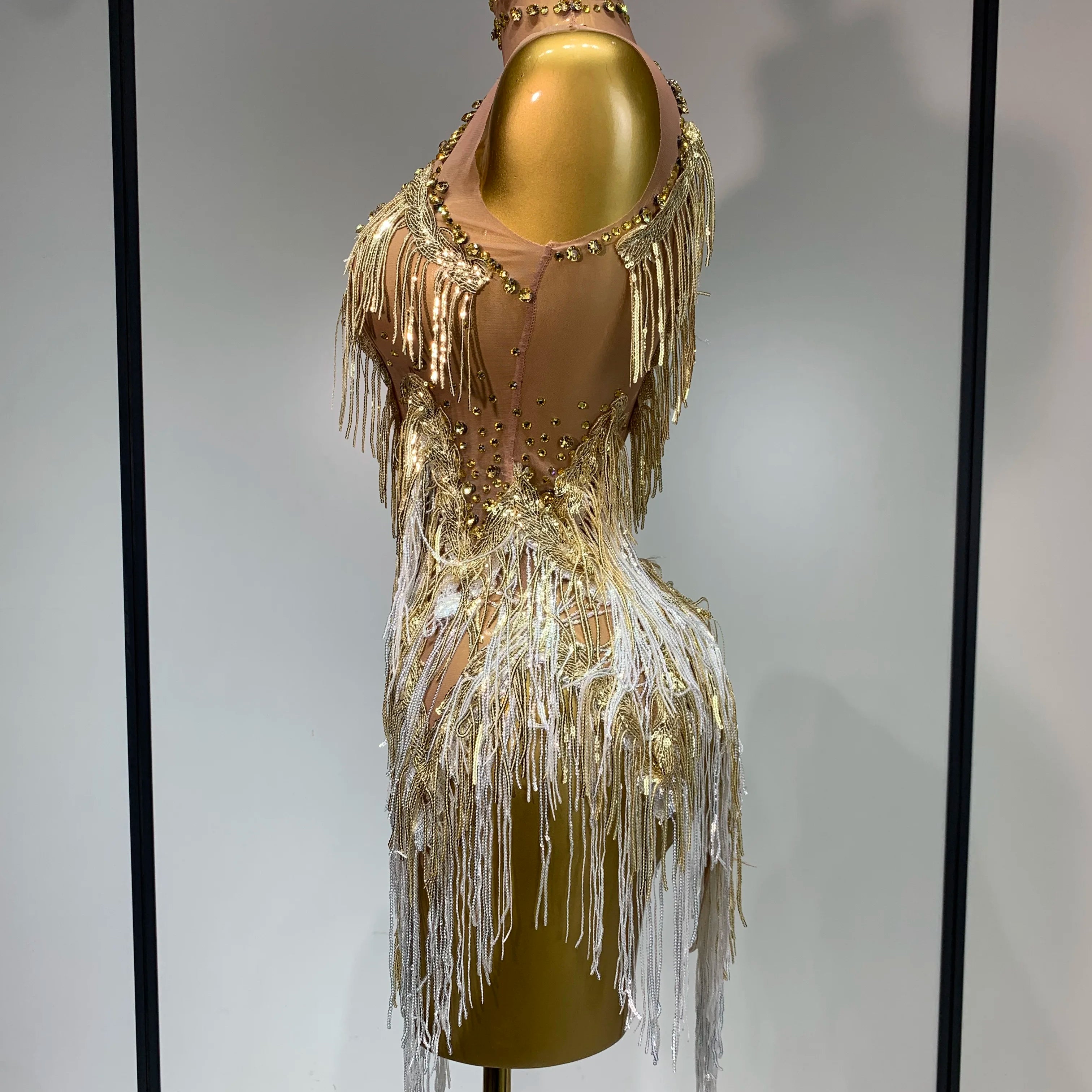 Luxury Birthday Dress Rhinestone Tassel Sexy Women Short Latino Dance Dress Nightclub Bar Sparkly Performance Stage Outfit