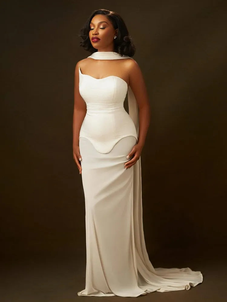 Luxury Sexy Strapless Backless White Black Maxi Long Women Celebrity Dress Elegant Party Evening Club Vestido Clothing