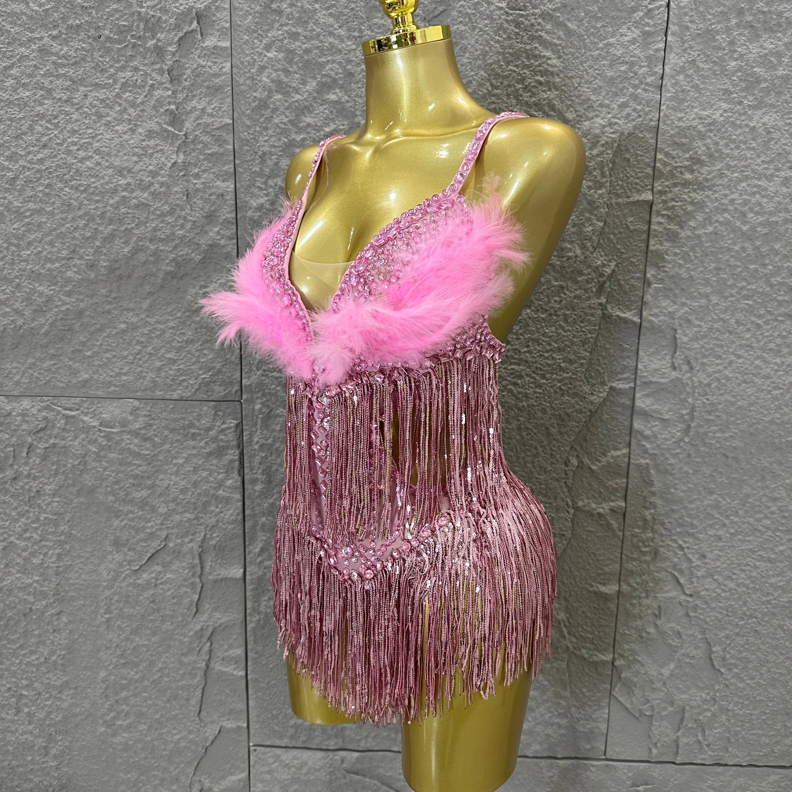 Opulent Pink Sparkly Rhinestone Feather Train Bodysuit Sexy Stage Performance Costume Singer Birthday Party Nightclub Outfit