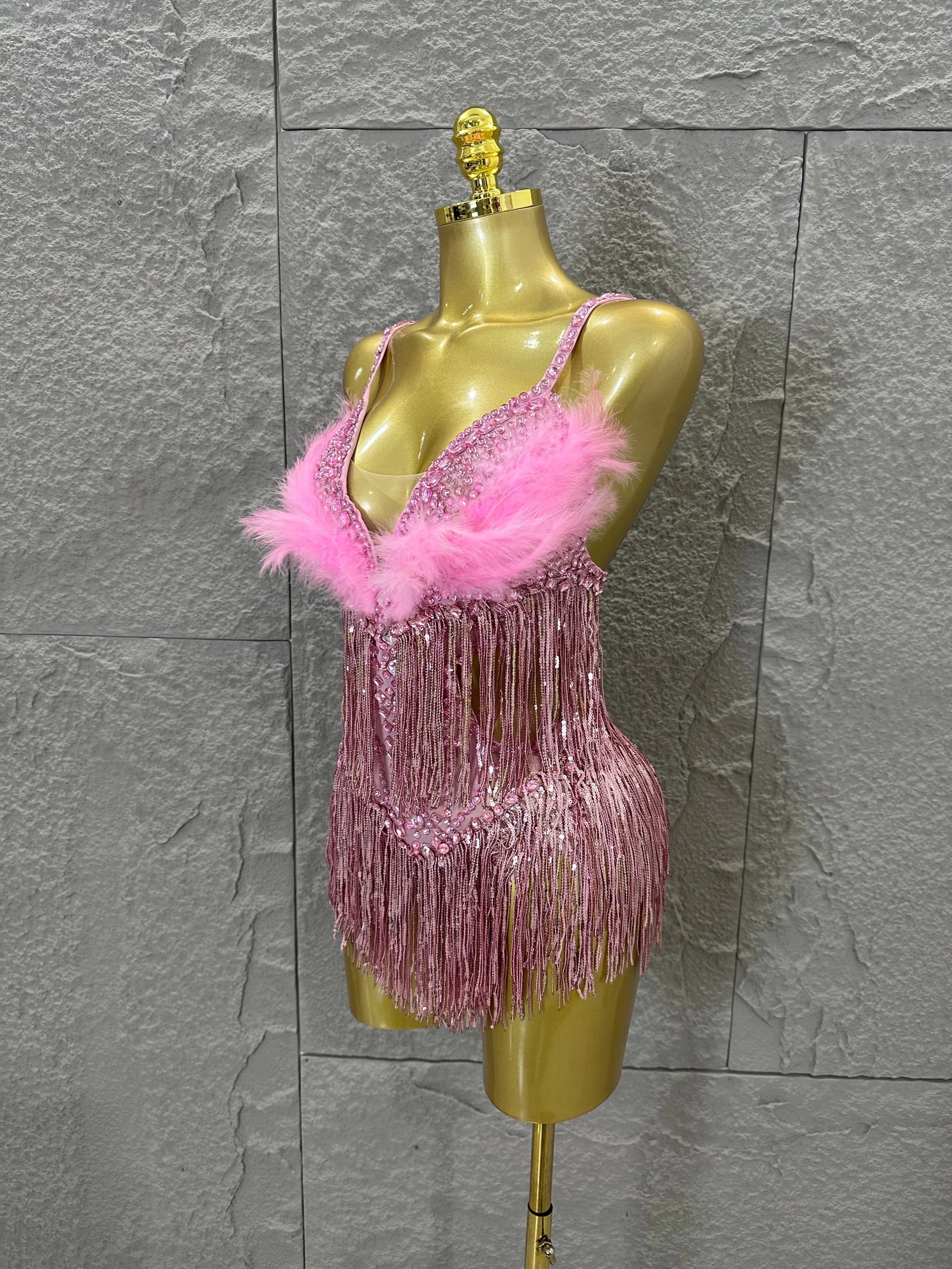 Opulent Pink Sparkly Rhinestone Feather Train Bodysuit Sexy Stage Performance Costume Singer Birthday Party Nightclub Outfit