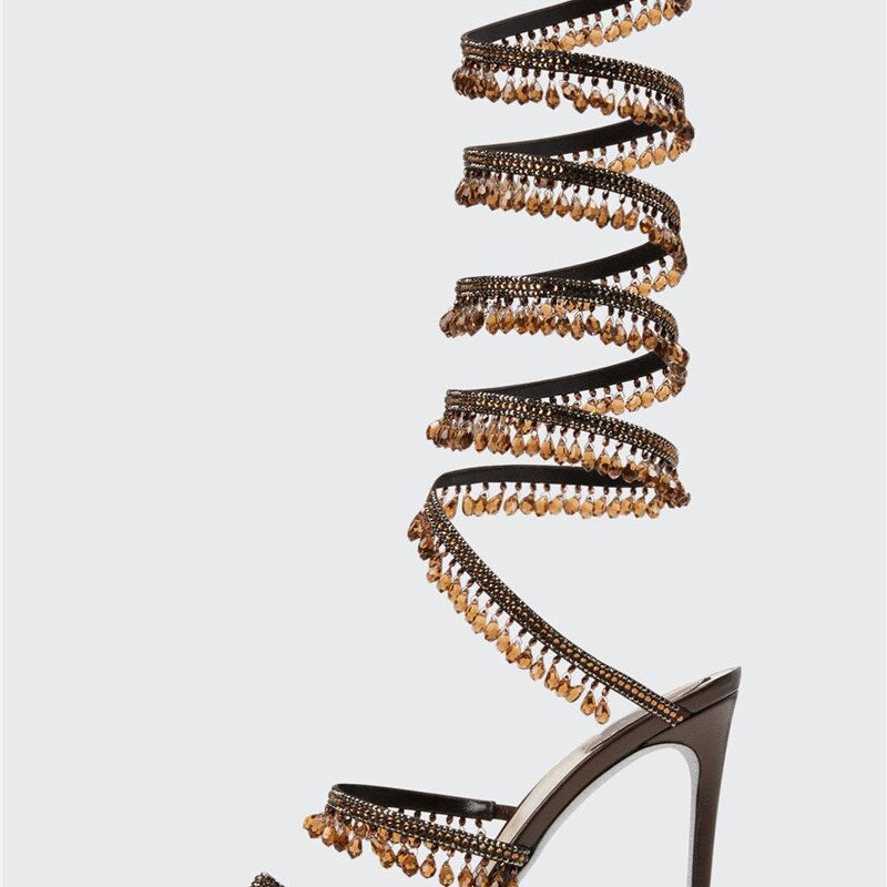 Women's New Rhinestone Sandals Fashion Tassel Crystal Shoes Sexy Nightclub Banquet Party Twining Stiletto Women's Sandals