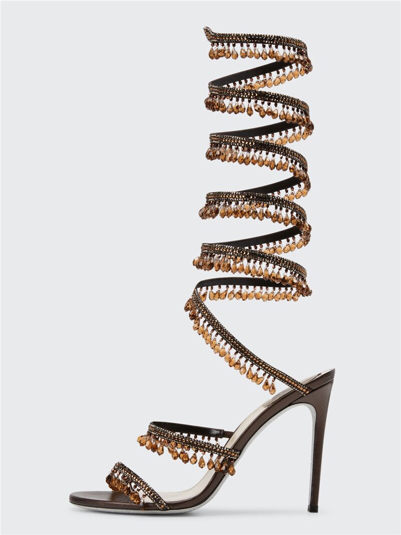 Women's New Rhinestone Sandals Fashion Tassel Crystal Shoes Sexy Nightclub Banquet Party Twining Stiletto Women's Sandals