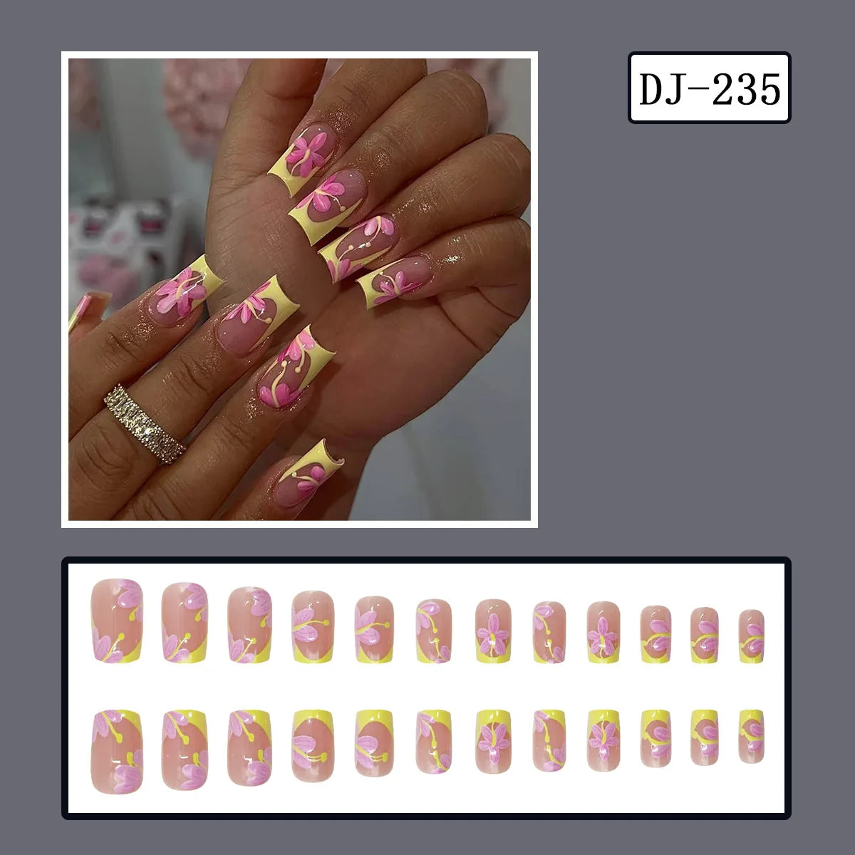 24pcs y2k Black French Press on Nails Short Square Pink Heart Fake Nails Full Cover Wearable Sweet Valentine's Day False Nails 10