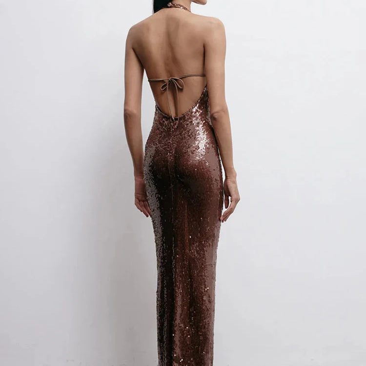 Gorgeous Sexy Brown Sequin Halter Backless Sleeveless V-Neck Dress Party Summer Evening Gown
