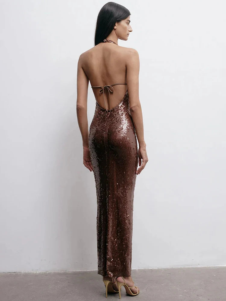 Gorgeous Sexy Brown Sequin Halter Backless Sleeveless V-Neck Dress Party Summer Evening Gown