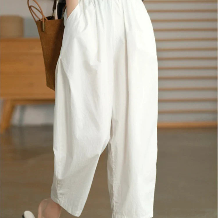 Women Summer Pants New High Waist Wide Leg Retro Cropped Trousers Casual Loose Baggy Cotton Linen Pants for Women Bottoms WHITE