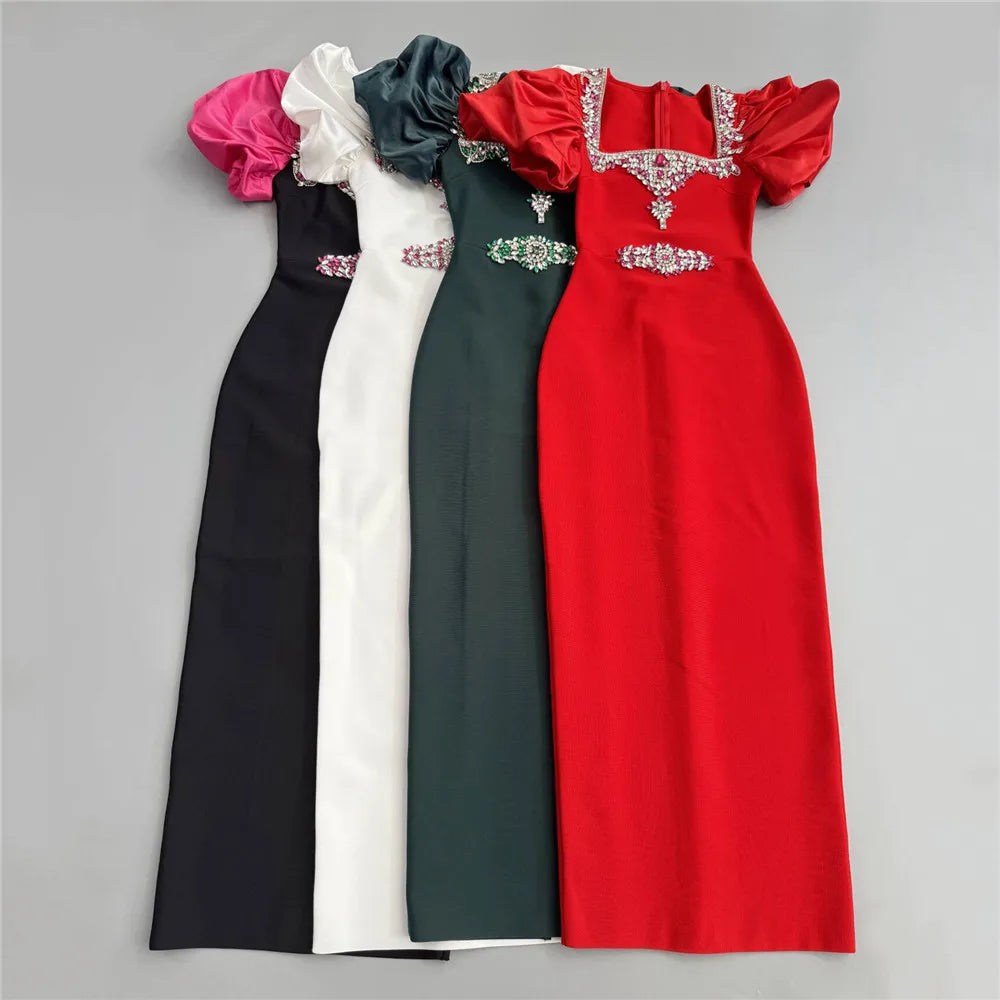Women Short Puff Sleeve Sexy Square Collar Shinning Crystal Bodycon Long Bandage Dress Celebrate Evening Party Birthday Outfit