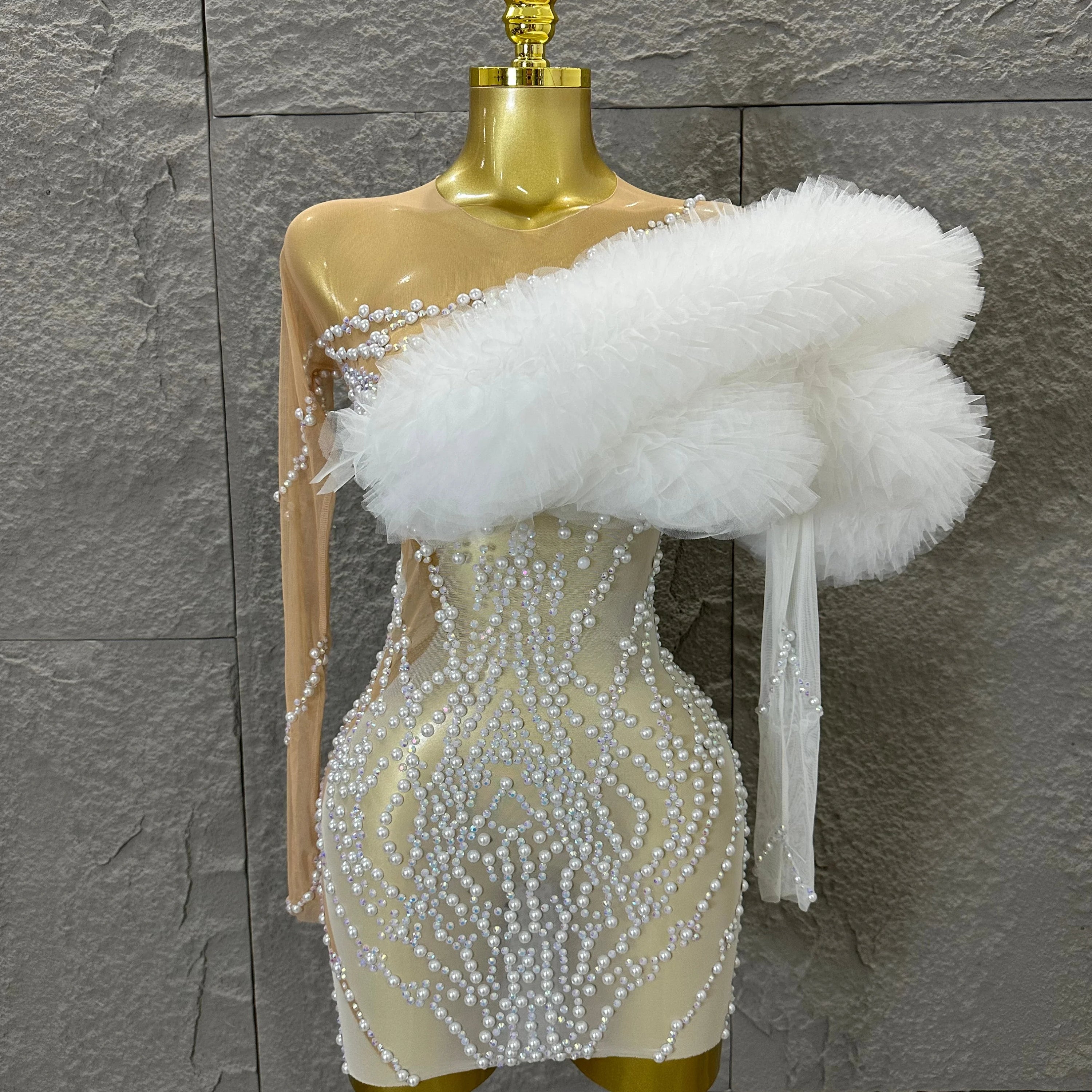 Luxurious Nude Sheer Mesh Mini Dress Women One-Shoulder Pearl Beaded Ruffle Tulle Bodycon Evening Costume WHITE