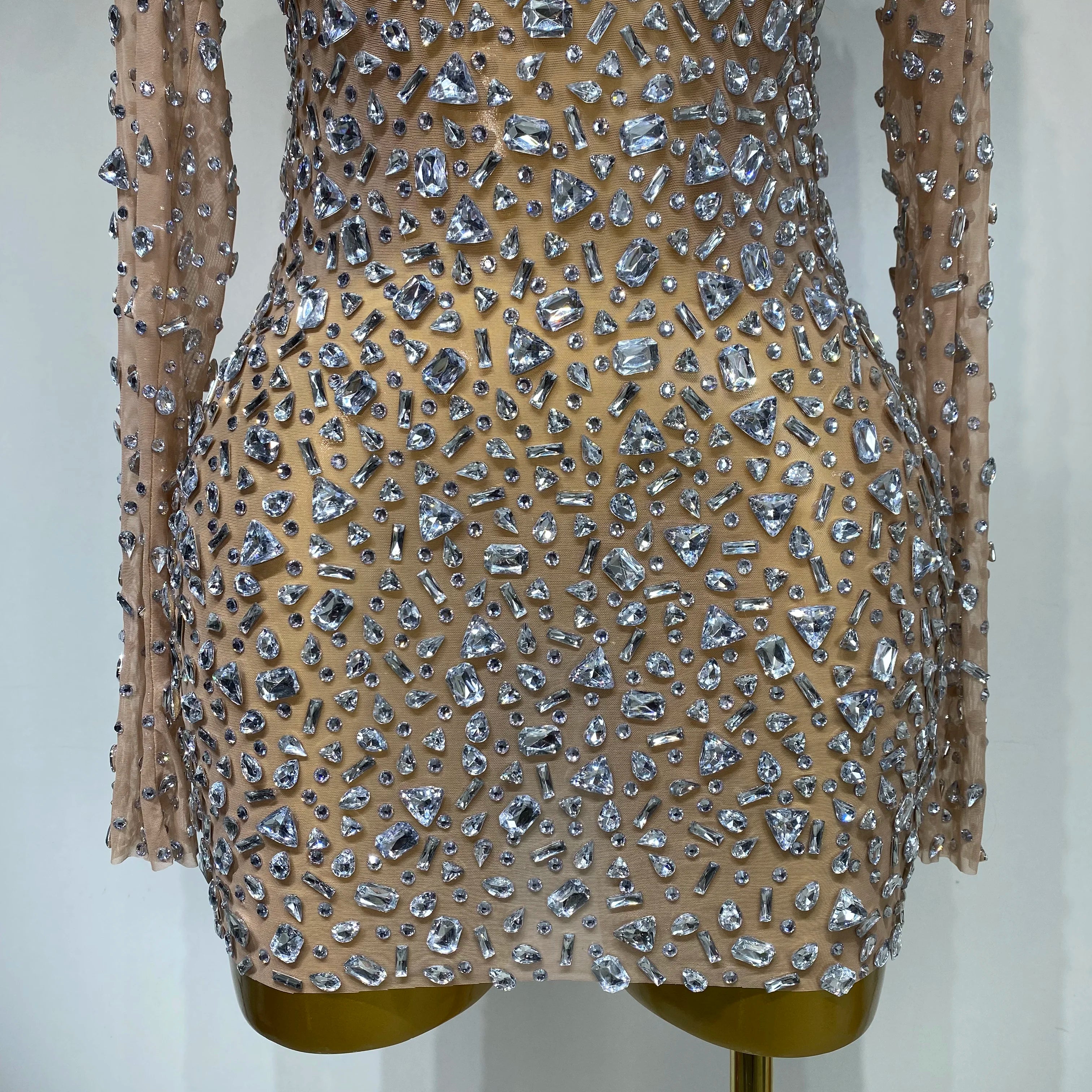 Sparkly Rhinestone Sexy Transparent Mini Dress Celebrity Evening Party Prom Birthday Photo Shoot Nightclub Stage Costume
