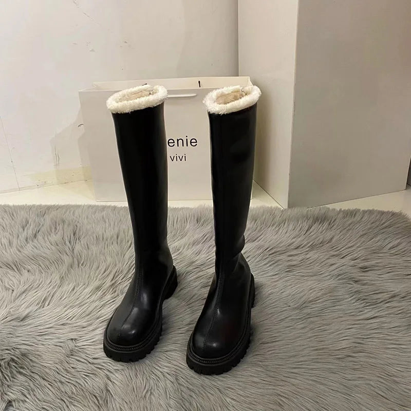 Winter Plush Women Knee High Boots Fashion Back Zippers Ladies Elegant Warm Cotton Long Booties Women's Footwear Black long