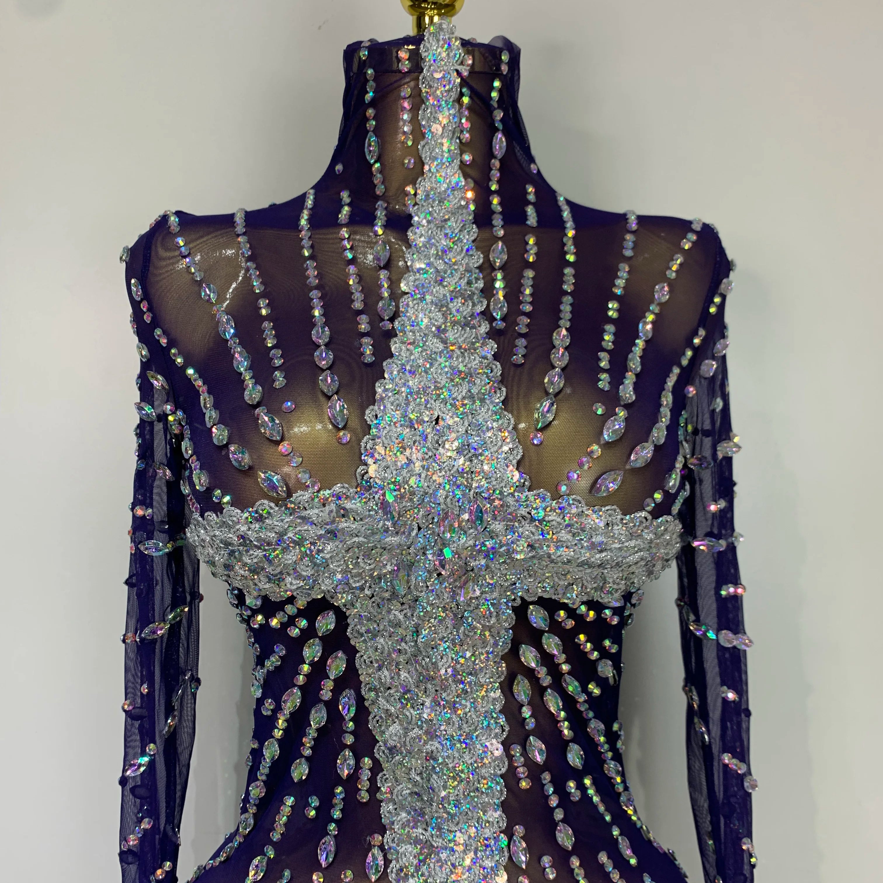 Sparkly Diamonds Mesh See Through Long Sleeves Mini Dress Women Eveing Birthday Party Sexy Nightclub Bar Singer Stage Costume