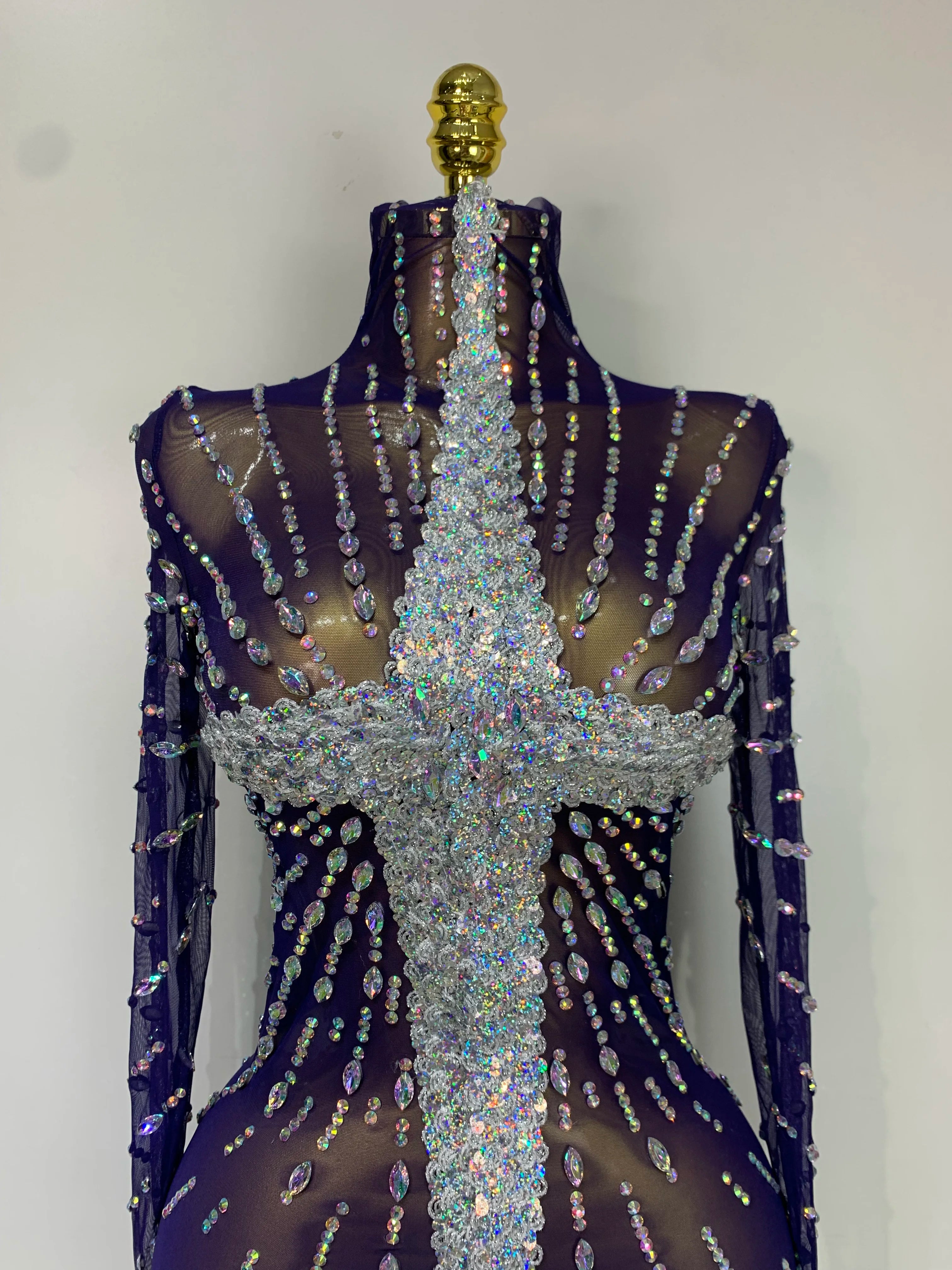 Sparkly Diamonds Mesh See Through Long Sleeves Mini Dress Women Eveing Birthday Party Sexy Nightclub Bar Singer Stage Costume