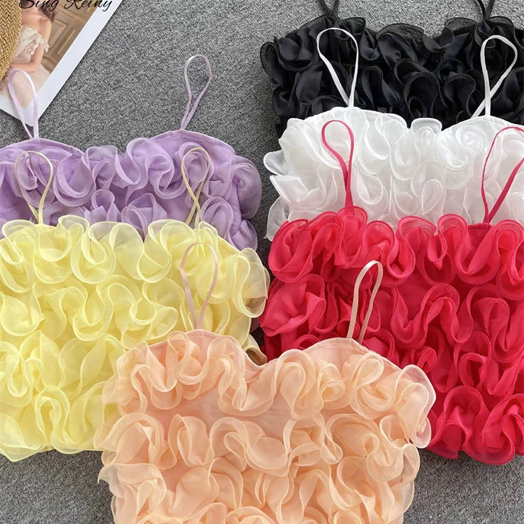 SINGREINY French Style Sheath Solid Sexy Camisole Female 3D Flowers Elastic Tops Ladies Holiday Short Sweet Streetwear Camis