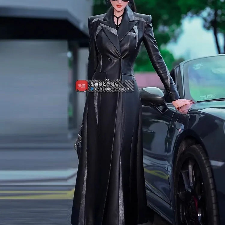 Lautaro Spring Autumn Long Fitted Black Patchwork Pu Leather Coat Women Double Breasted Elegant Chic Luxury Designer Clothing