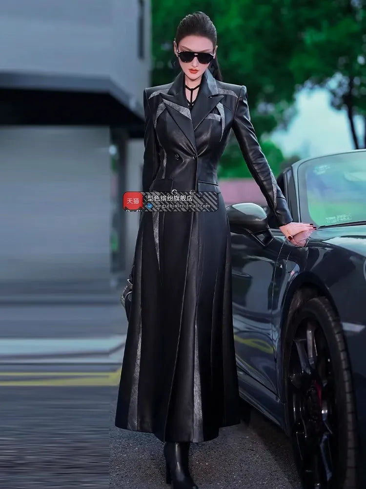 Lautaro Spring Autumn Long Fitted Black Patchwork Pu Leather Coat Women Double Breasted Elegant Chic Luxury Designer Clothing