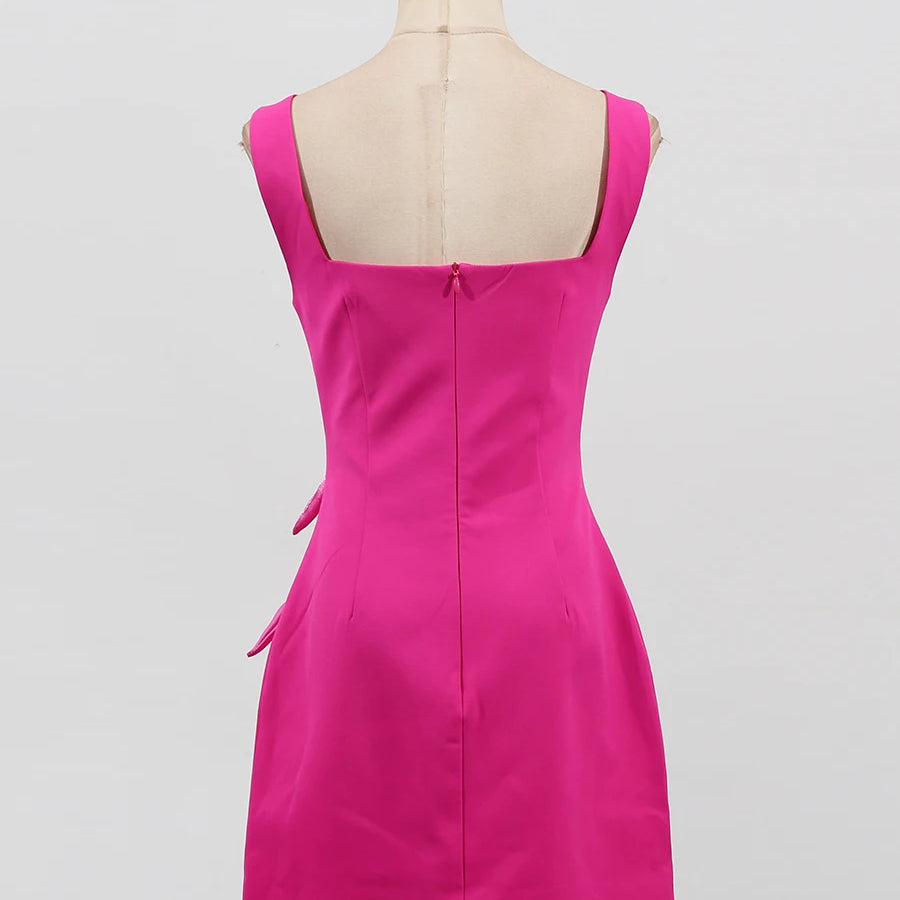 Rose Slimming Spliced 3D Flower Mini Elegant Dresses for Women Square Neck Sleeveless Dress Female Fashion Clothing